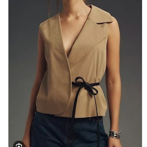 Mare Mare Anthropologie Sleeveless Tie Wrap Blazer Vest Tan Neutral Size S NEW